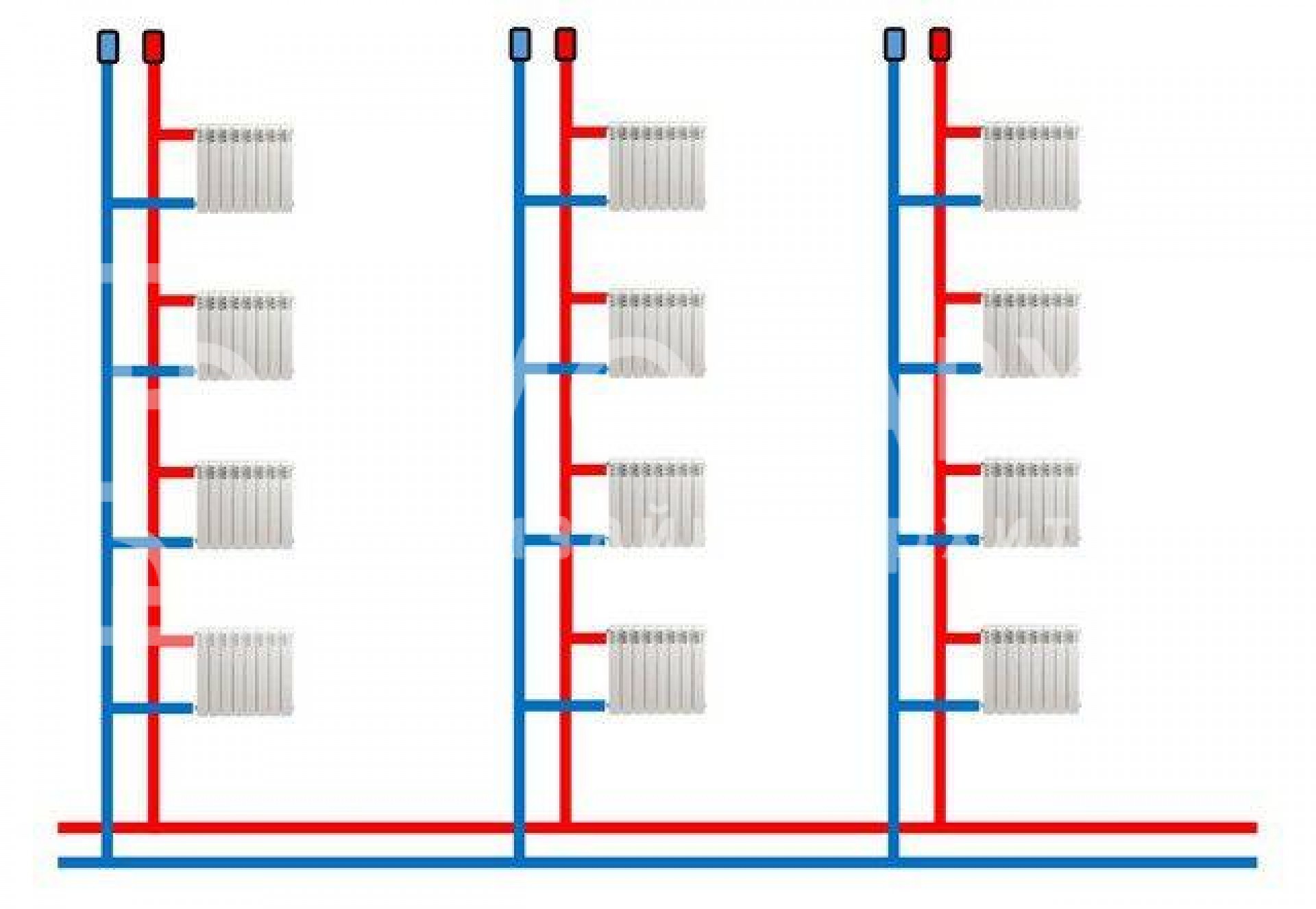 Отопление на 3 уровня. Схема подключения батарей отопления двухтрубная система отопления. Схема подключения радиатора отопления двухтрубная система. Схема подключения батарей отопления двухтрубная система. Двухтрубная вертикальная система отопления схема.